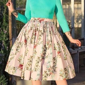 Pinup Girl Clothing Floral A-Line Skirt in Pink and Green